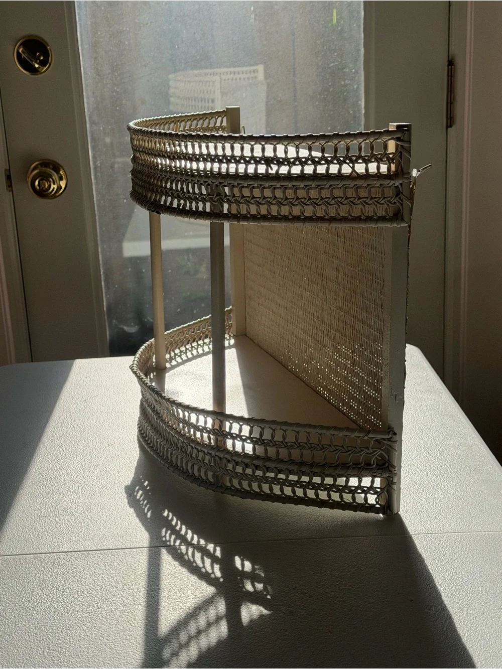 Vintage Curved Woven Wicker Metal 2-Tier Display Shelf Cottage Shabby Chic